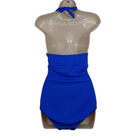 Merona Blue Ruched Halter One Piece Swimsuit Women Size M Padded FLAW - Picture 4 of 13